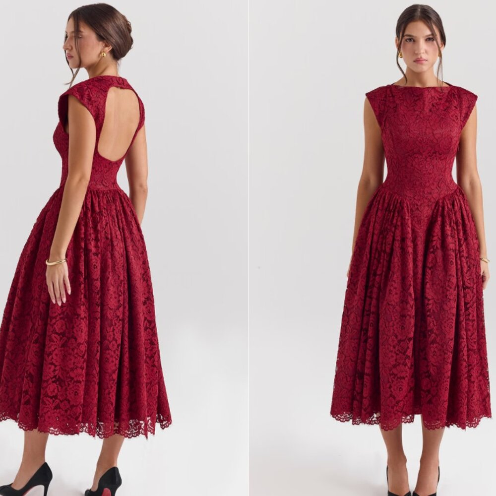 House of CB Debutante berry lace backless midi dress NWT